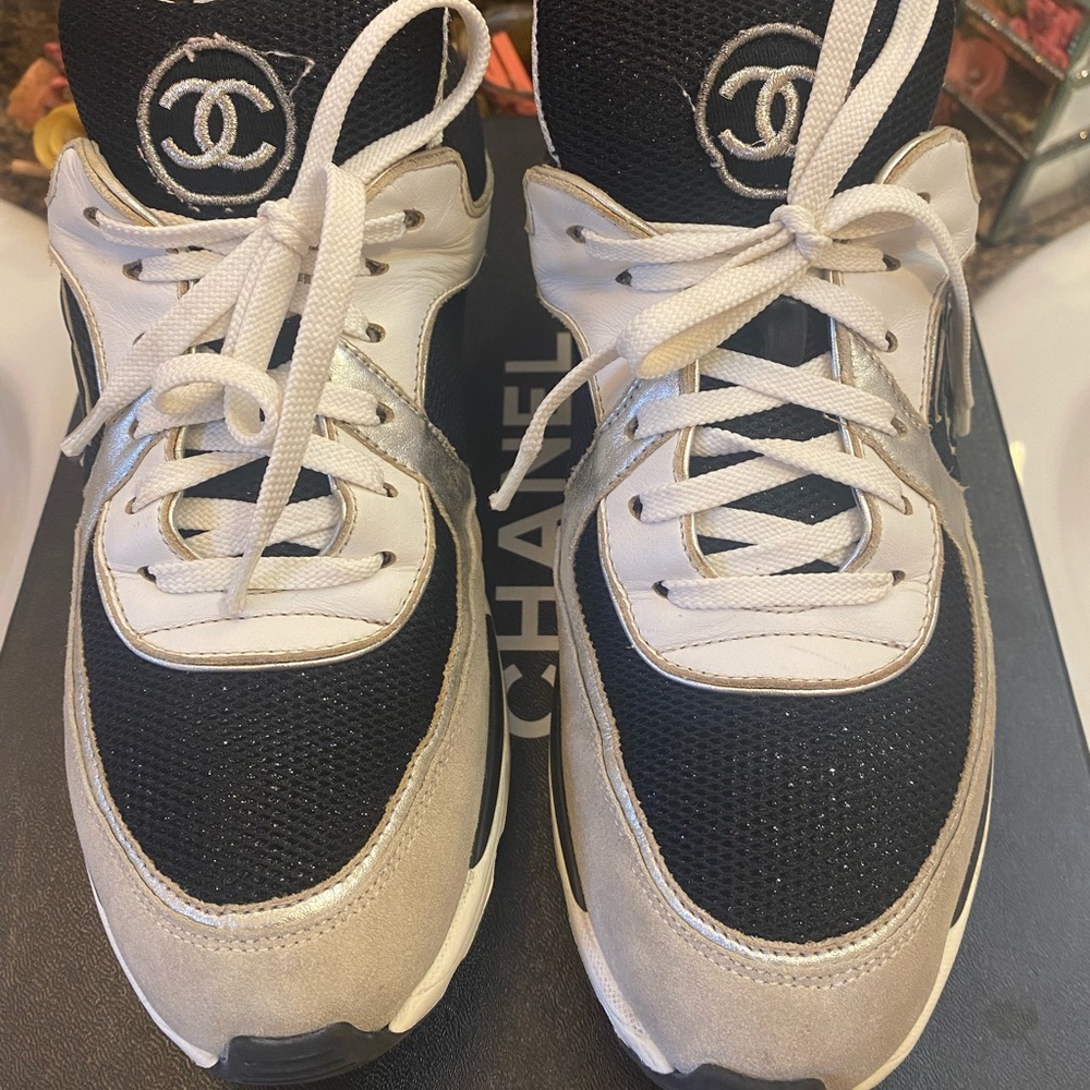 Chanel sneaker black white w/silver sz9 /39 fits like 8.5